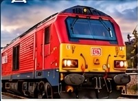 Red locomotive on the railway